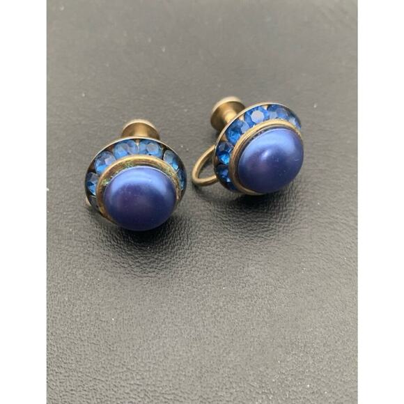Vintage Blue Cabochon And Rhinestone Round Screw Back Earrings - Picture 3 of 4
